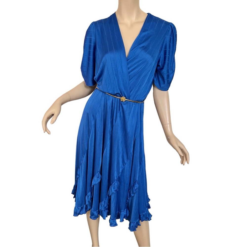 Vintage 80s Cocktail Dress Blue Gold Tone Stretch Belt Blue Ruffle Hem Small